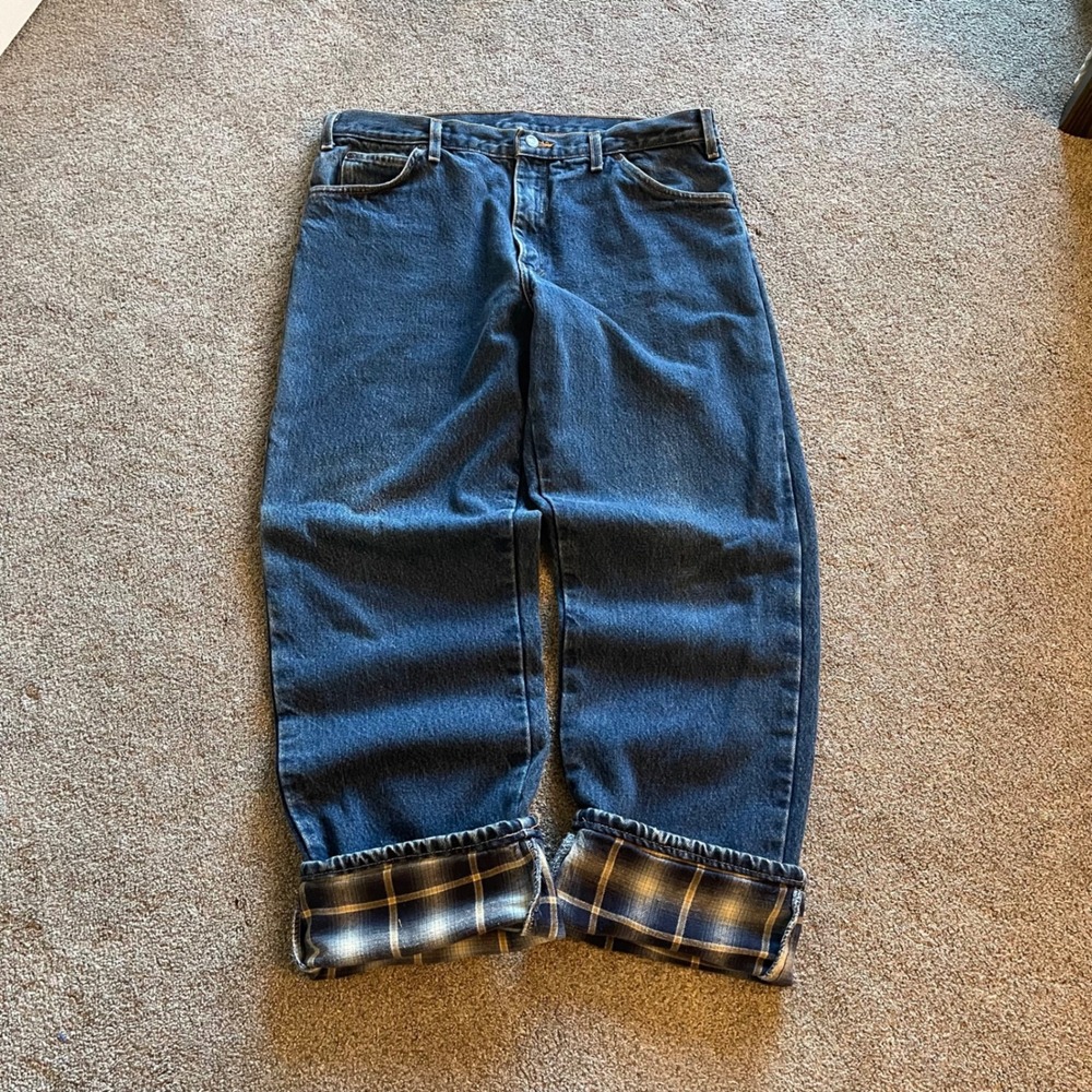 Mens Dickies Relaxed Fit Flannel Lined Jeans 38x32 (Fits 36x30) Blue Denim Plaid